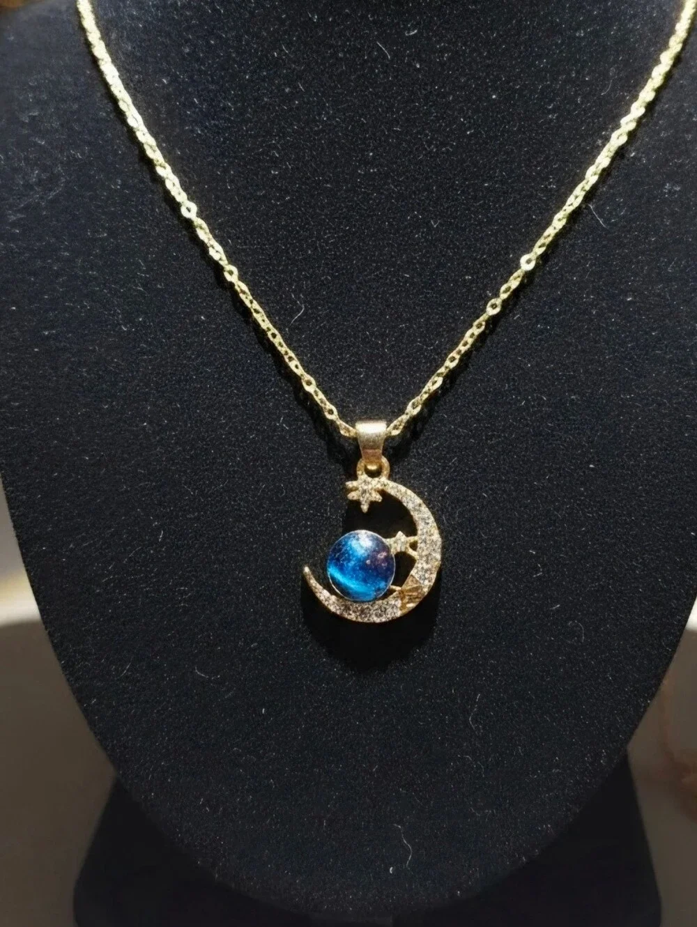 Gold Tone Alloy Material - Moon & Blue Galaxy Pendant Necklace - Women Jewelry